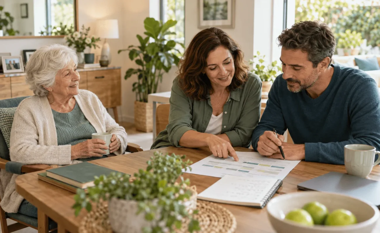 Familia aprendiendo junta a organizar el cuidado de una persona mayor