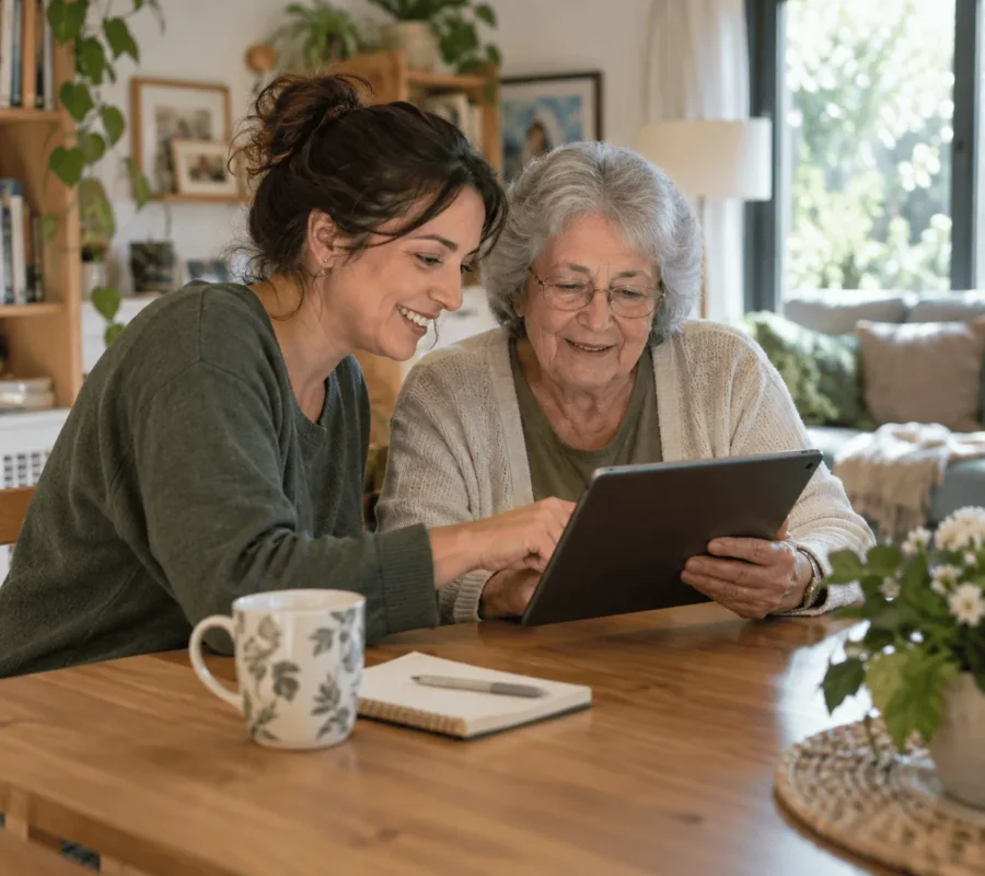 Cuidadora y mujer mayor consultando una guía digital de cuidado
